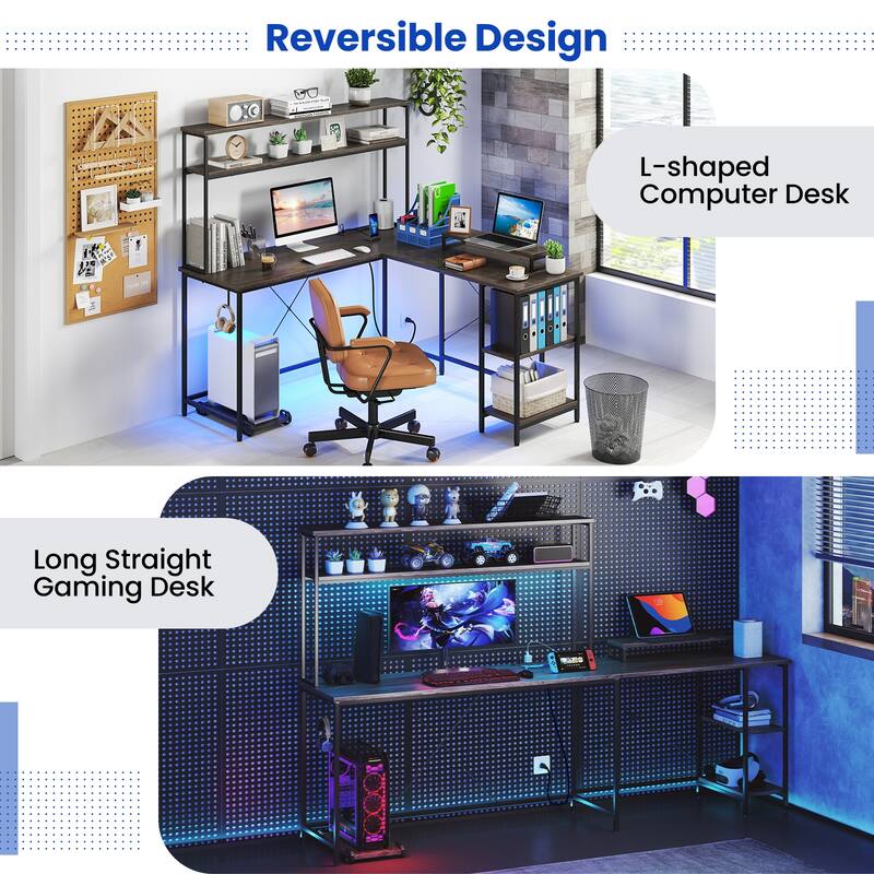 Engineered Wood L-Shaped Gaming Desk with LED Lights and Power Strip