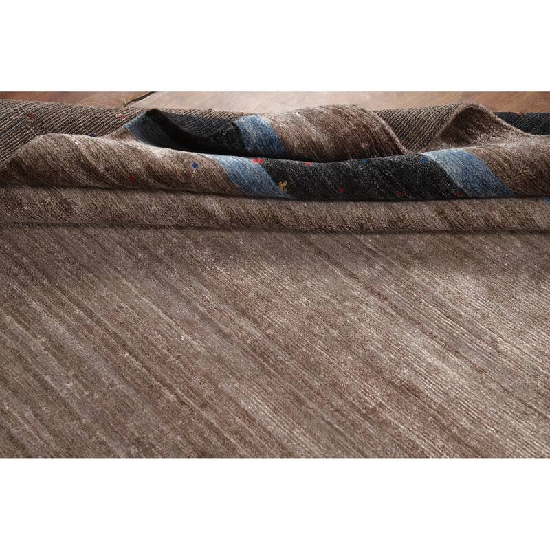 Hand Knotted Oriental Viscose Silk Carpet Tribal Stripe Greys & Charcoal Gabbeh Area Rug - 9' 7'' X 8' 5''