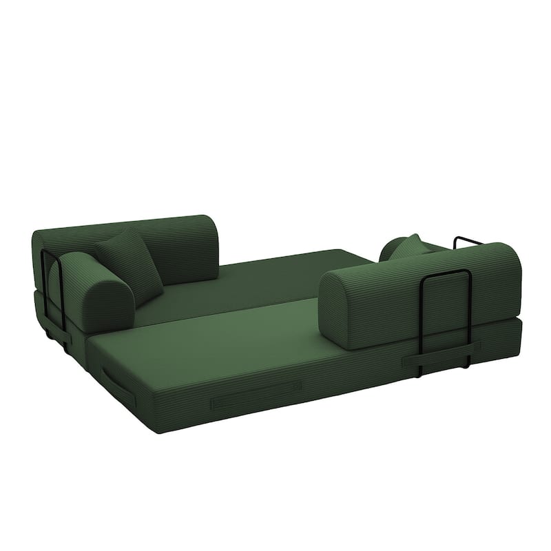 Convertible Sleeper Sofa Bed with Cylindrical Pillow, Corduroy Folding Mattress Couch with Fixed-Shape Frame for Bedroom