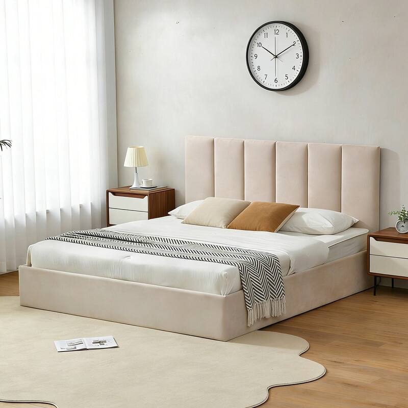 Modern Upholstered Lift-Up Storage Platform Bed with Headboard