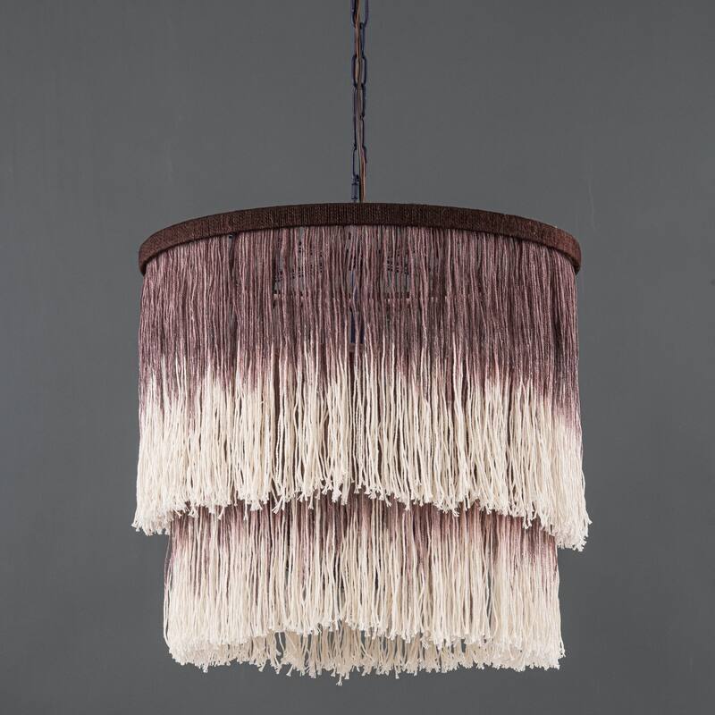 17.7" 3-Light Bohemian Farmhouse Purple Round Hand-made Cotton Fringe Tiered Hanging Chandelier Living Room,Bedroom