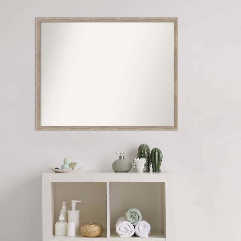 Non-Beveled Wood Bathroom Wall Mirror - Hardwood Wedge Whitewash Frame