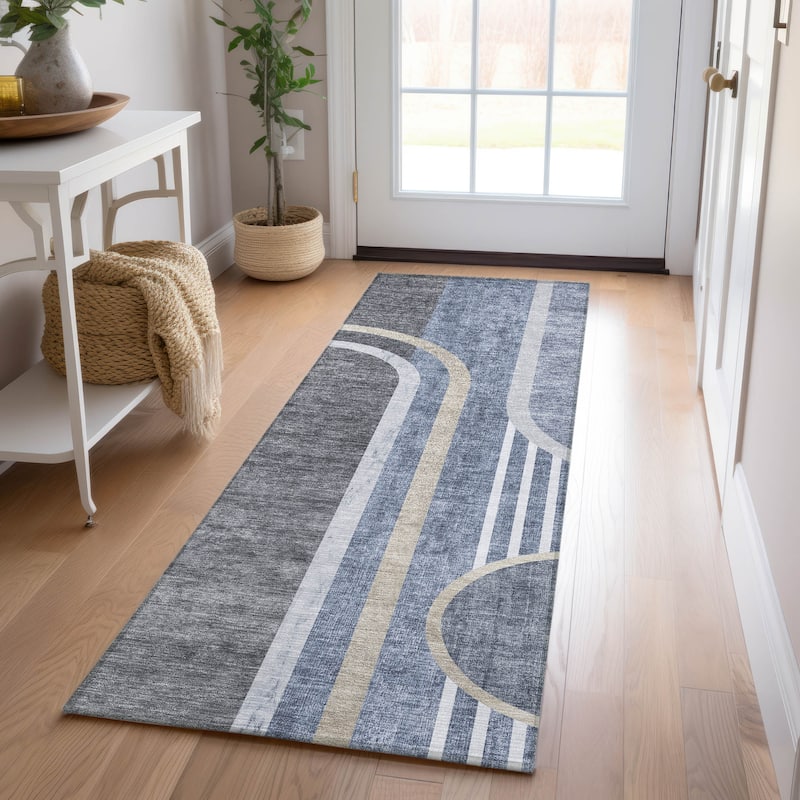 Machine Washable Indoor/ Outdoor Chantille Mid Century Modern Rug - Navy - 2'3" x 7'6"