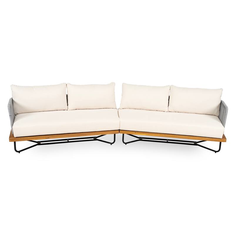 Roomfitters Outdoor Acacia Wood Rope Woven Left/Right Arm Sofa with Cushions, Beige
