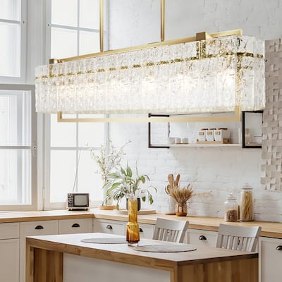 6 lights Rectangle Gold Crystal Chandeliers for Dining Room, 39" Large Linear Water Ripple Glass Island Light Fixture