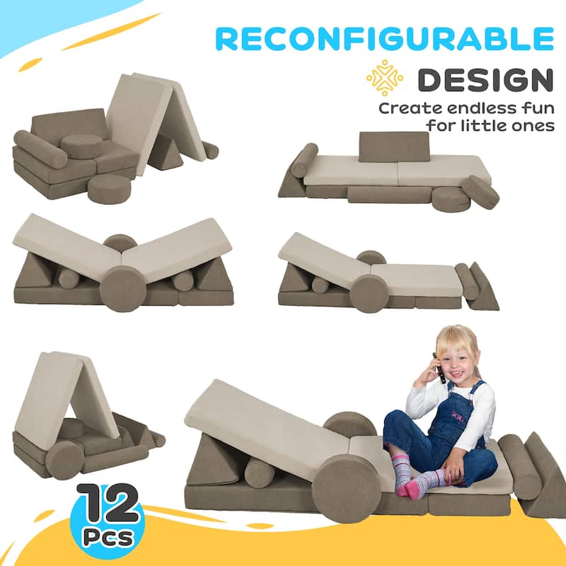 Modular Kids Play Couch, 12 Piece Kids Couch for Playroom Bedroom, Convertible Sofa Lounger for Boys & Girls, Khaki
