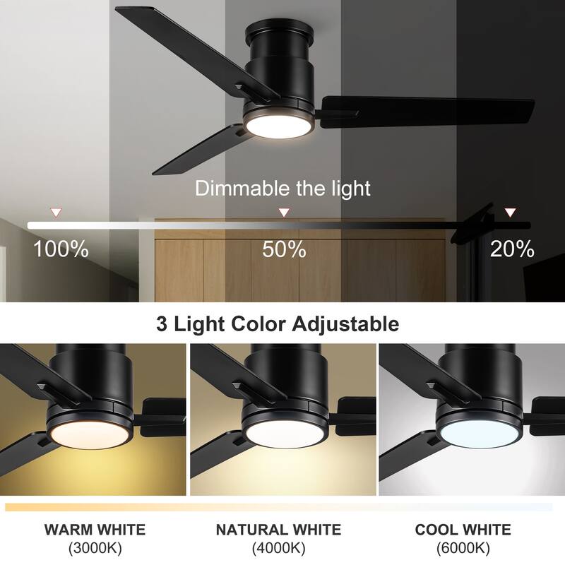 52" Low Profile Ceiling Fan with Light, Flush Mount Ceiling Fan for Bedroom Living Room