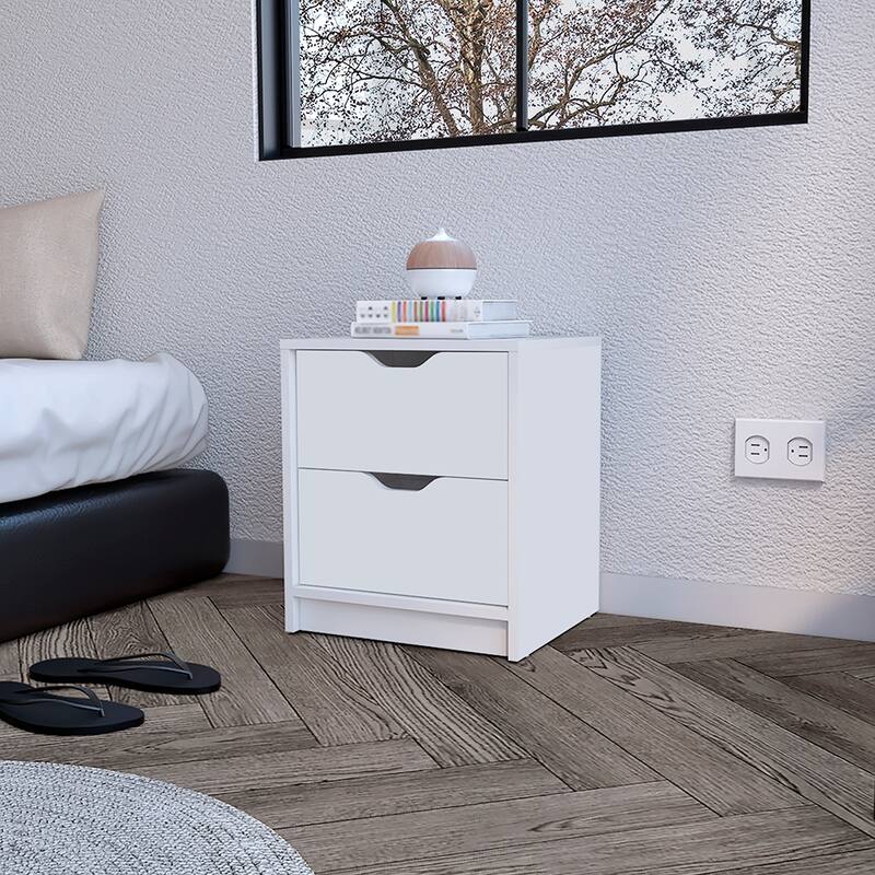 Nightstand with Two Drawers, White Finish - White