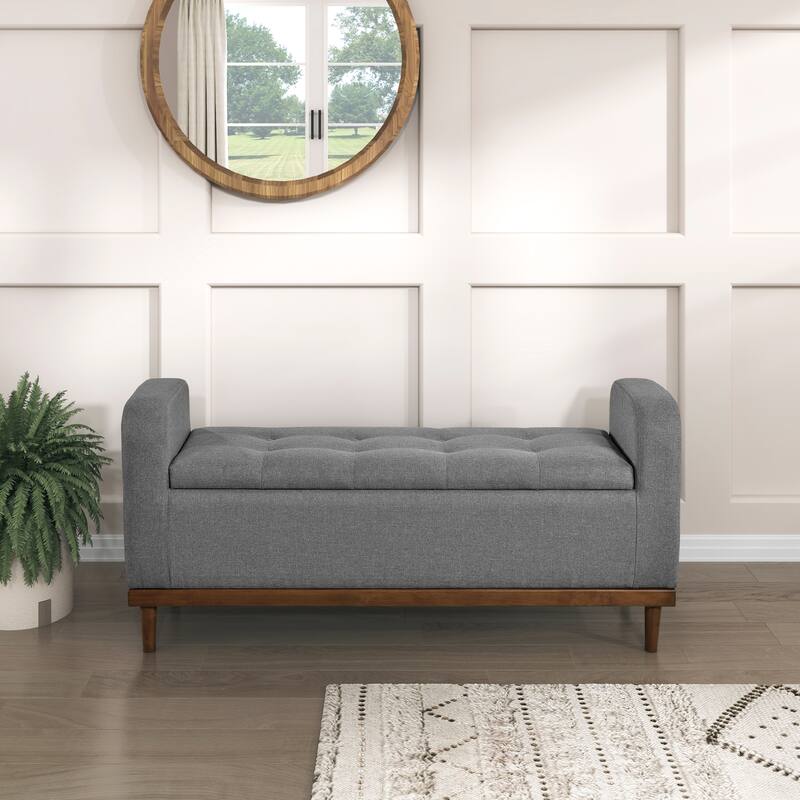 Lift-Top Storage Bench, Button Tufted Upholstered End of Bed Bench, Entryway Bench with Hidden Compartment & Solid Wood Legs - Gray