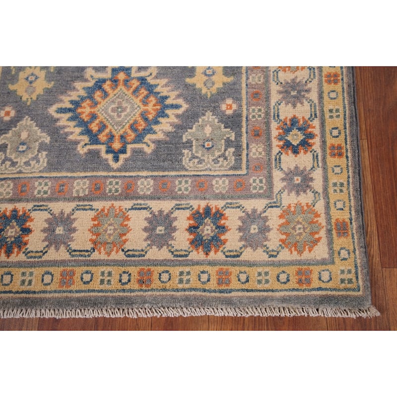 Gray Geometric Kazak Accent Rug Handmade Oriental Wool Carpet - 2'7" x 4'1"