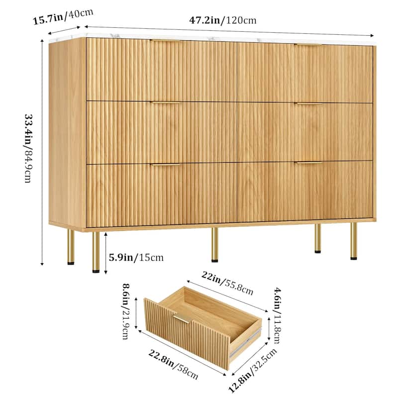 6 Drawer Fluted Dresser for Bedroom, Modern Wooden Storage Chest with Gold Handles