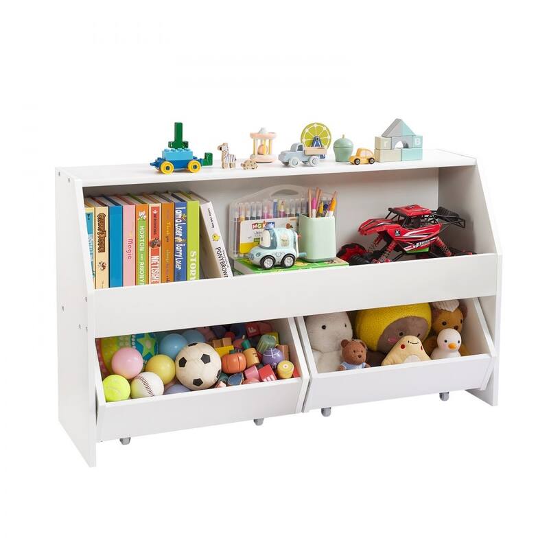 White Wooden Toy Storage Organizer with 3 Compartments and Top Shelf - 40.16 x 11.69 x 23.62 in/