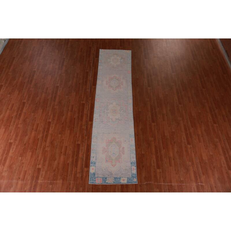 Hand Knotted Oriental 100% Wool Carpet Transitional Geometric Purples Oushak Runner Rug - 11' 11'' X 2' 10''