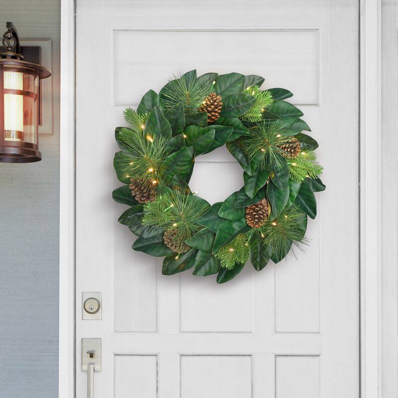 Puleo International 24 in. Pre-lit Magnolia Artificial Wreath - Green