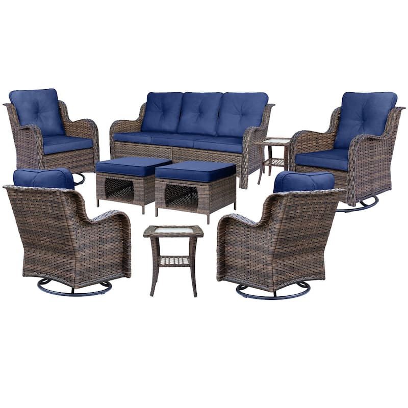 9 Piece Outdoor Patio Furniture Set Wicker Swivel Chair with Ottoman
