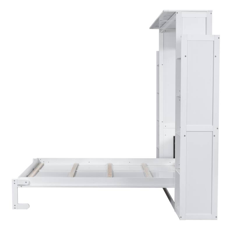 Wooden Wall Murphy Bed with Side Bookshelf & LED Lights