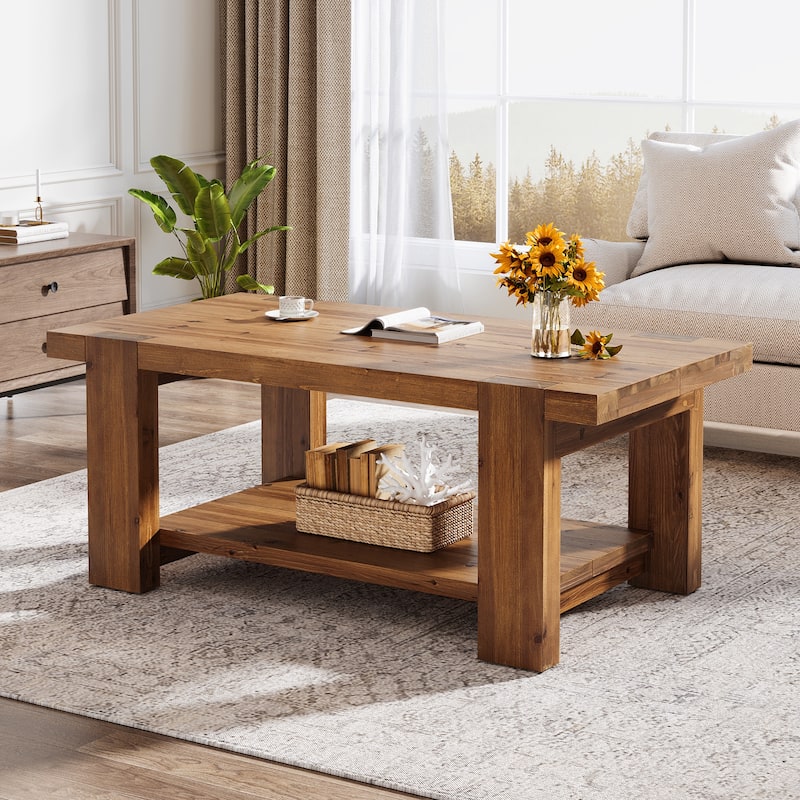 Solid Wood Coffee Table with Storage Shelf - Rustic Brown