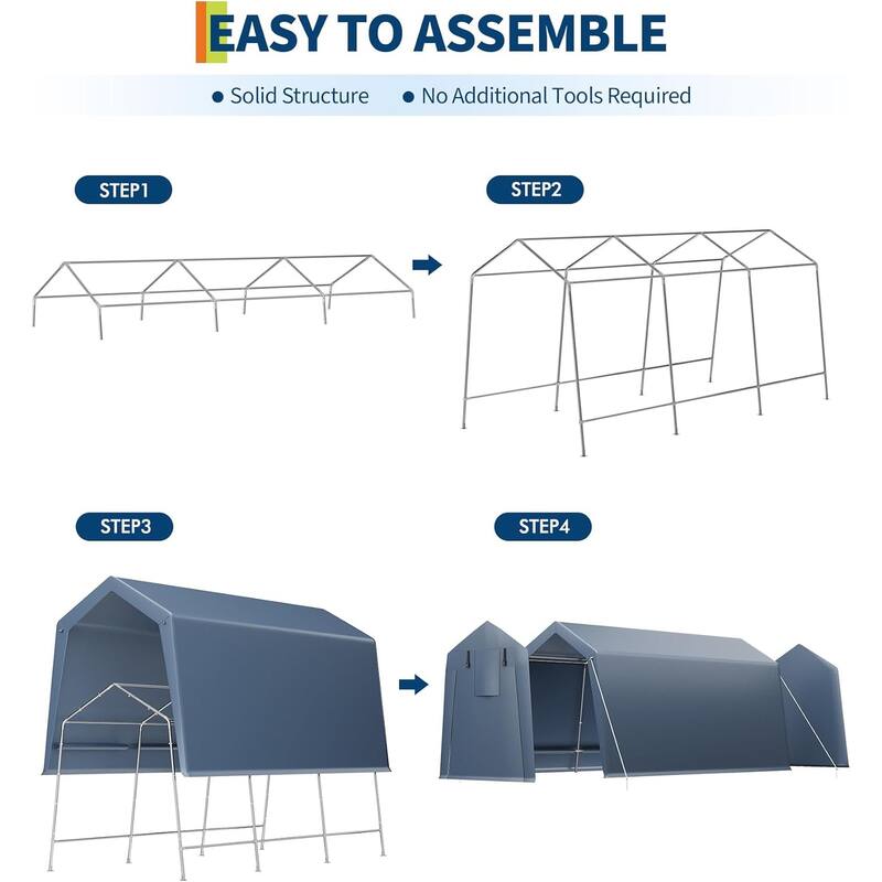 Outdoor Storage Shed, Portable Carport with Roll-Up Ventilated Zipper Door and Windows, Heavy Duty Waterproof Tarp