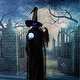 preview thumbnail 1 of 13, Life-Size Poseable Phantom Witch with Crystal Ball, Lights and Sound, Indoor/Covered Outdoor Halloween Decoration