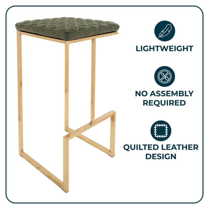 Quincy Modern Leather Barstool with Upholstered Square Seats in Gold Metal & Footrest for Home Bar & Kitchen Counter