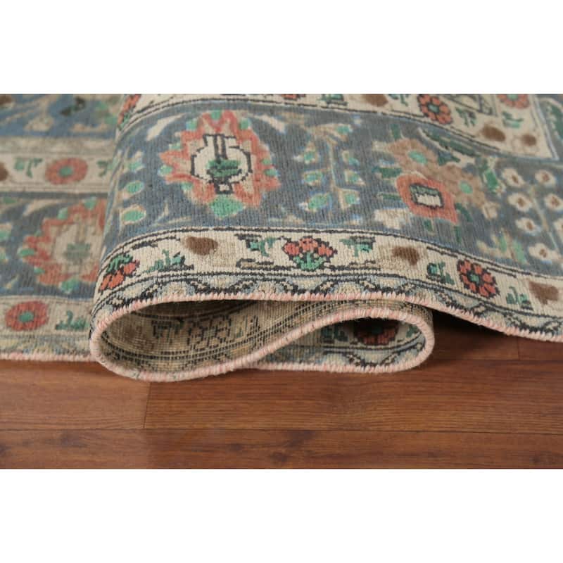 Blue Floral Tabriz Persian Vintage Area Rug Handmade Wool Carpet - 6'7"x 9'11"