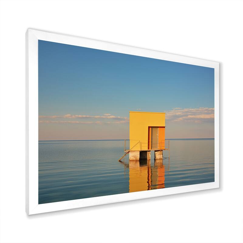 Designart "Coastal Minimalism Yellow Building In The Water I" Beach Framed Canvas Prints