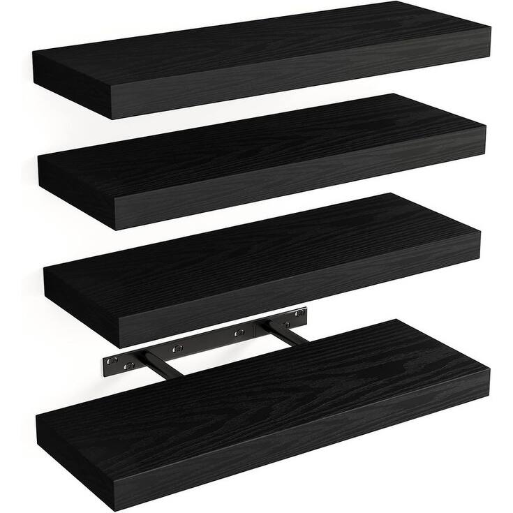 Floating Shelves, Rustic Wood Finish Wall Shelves Set of 4 - 15.8"D x 5.5"W x 1.2"H - Black