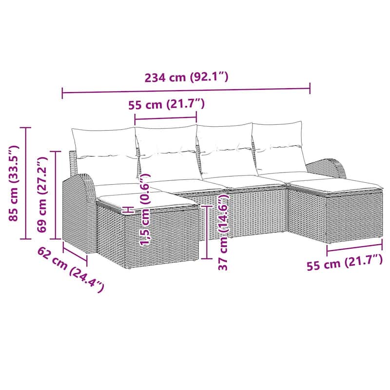 vidaXL 6 Garden Sofa Set with Cushions Black/Brown/Grey Poly Rattan - 92.1 x 24.4 x 27.2