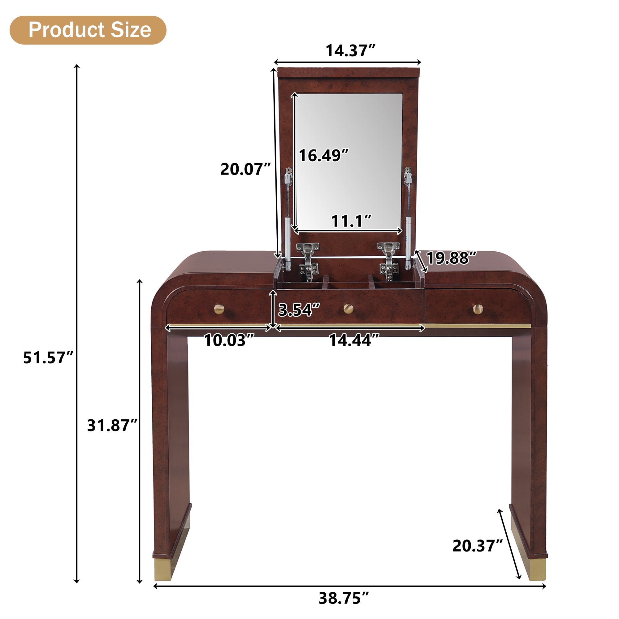 Classic Wood Vanity Desk with Flip Mirror, 3-in-1 Dressing Table with 2 Drawers and Storage Space for Bedroom