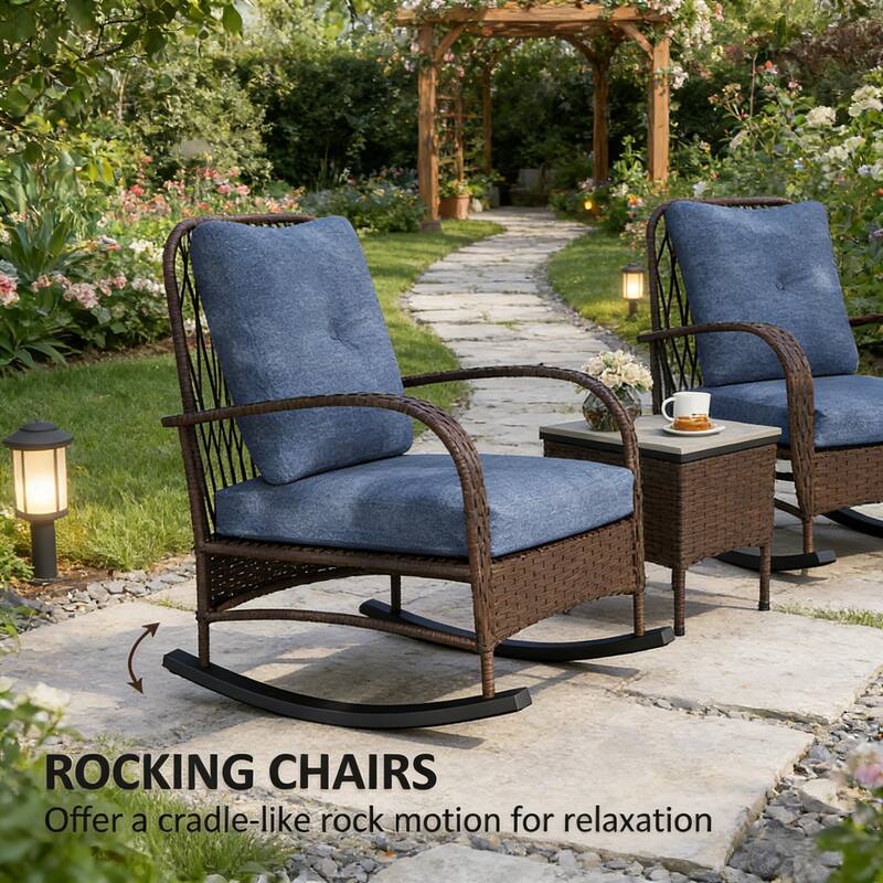 GDFStudio - Outdoor Wicker Rocking Bistro Set with Cushioned Chairs & Table