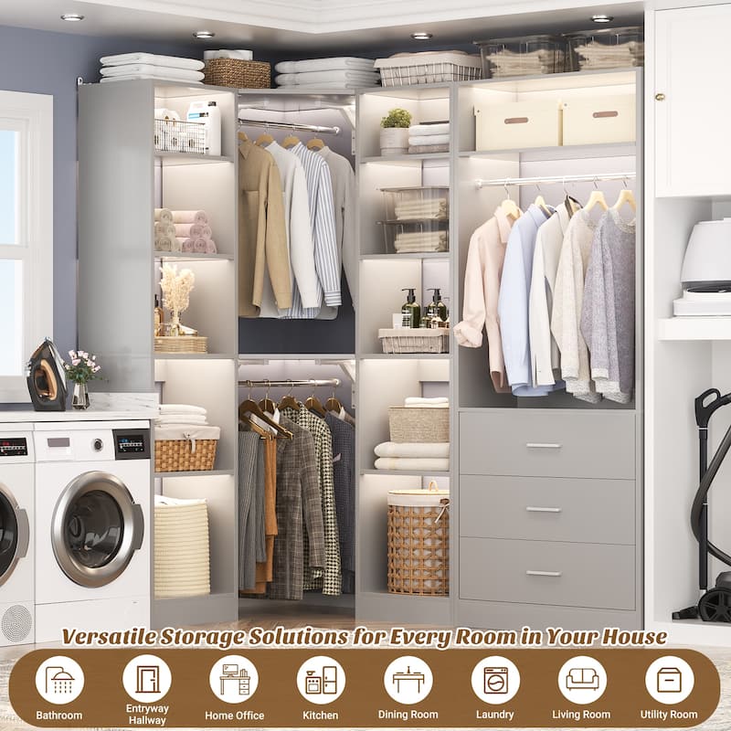 Kyrvo 63.2'' W Set of 2 Freestanding Corner Closet System with 3 Wood Drawers and 3 Hanging Rods for Walk-in/Reach-in Closet