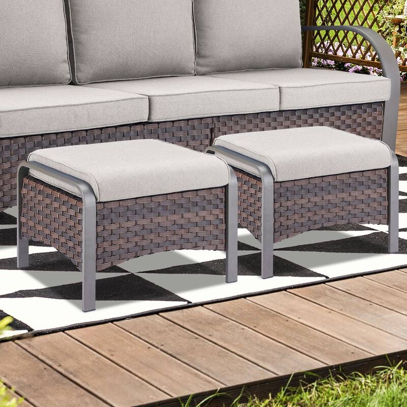 Gymojoy Industrial Style Outdoor Wicker Patio Ottomans Set of 2 - 2-Piece - Beige