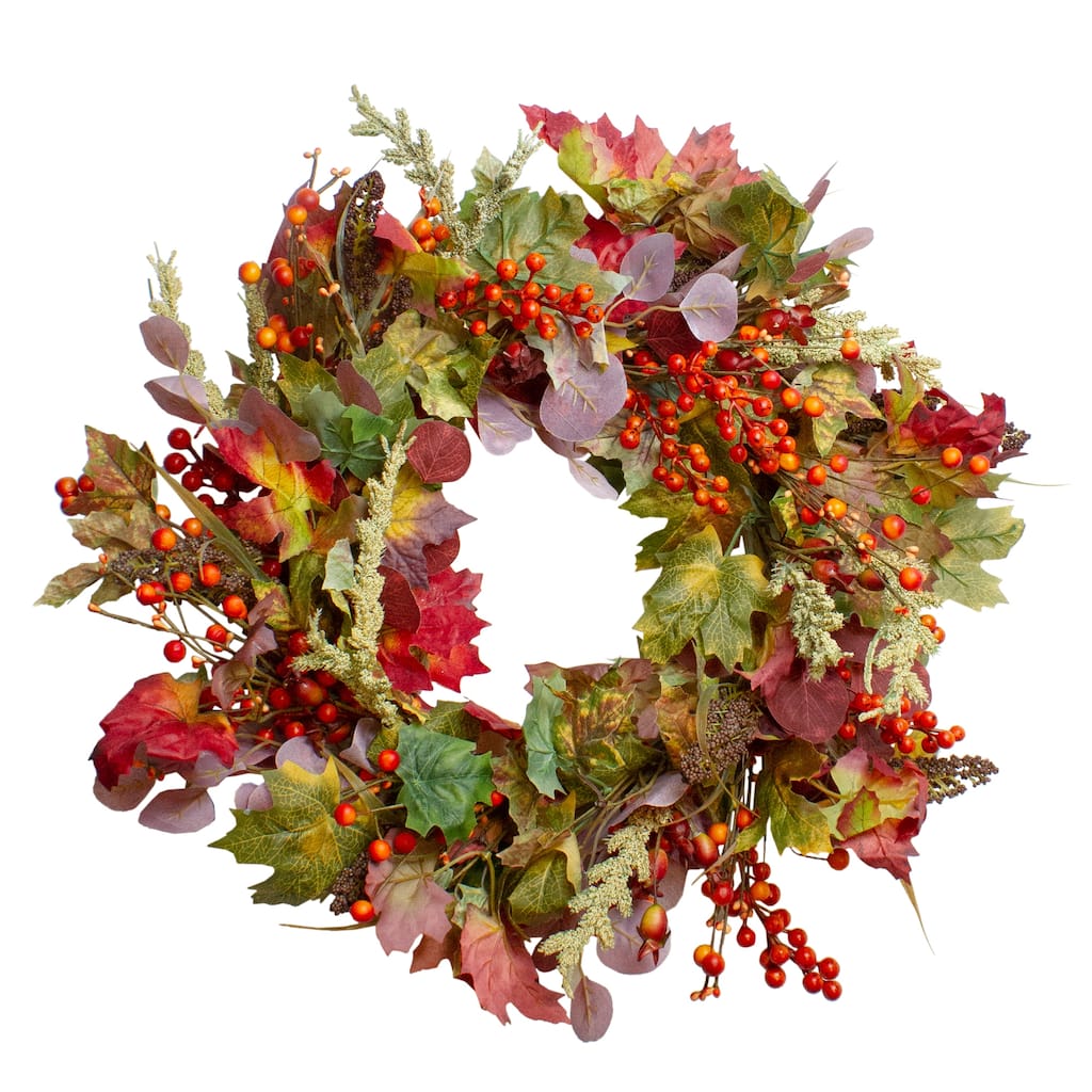 Leaves and Berries Artificial Fall Harvest Wreath - 20-Inch Unlit - 20"