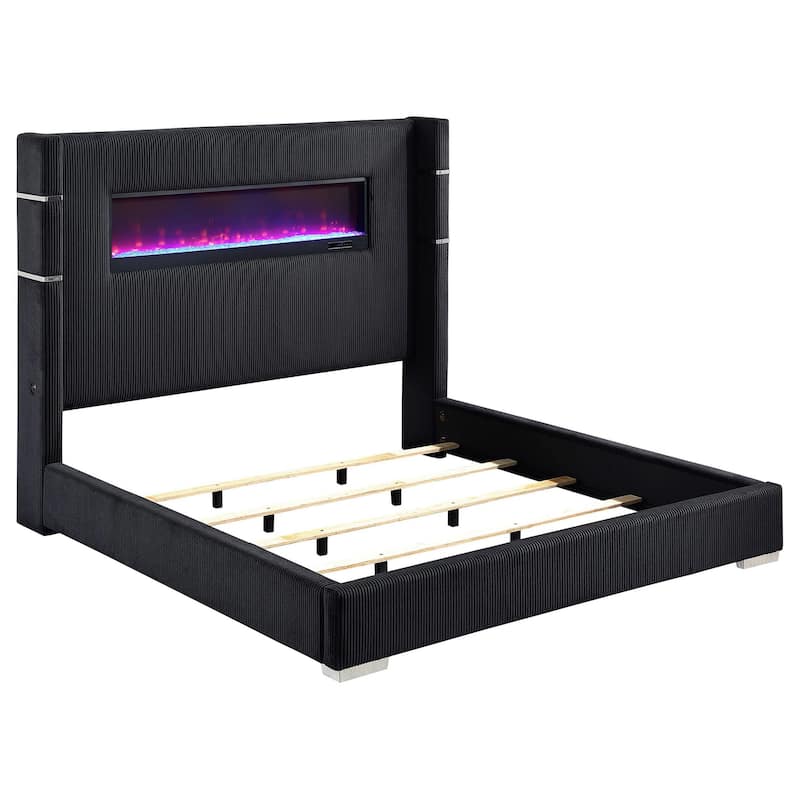 Caro King Bed, Wingback Panel w LED Flame, Black Corduroy Upholstery