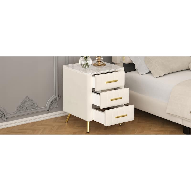 Nightstand with 3 Storage Drawers, Velvet Nightstand with Faux Marble Top, Sofa Side Table with Metal Legs and Handles