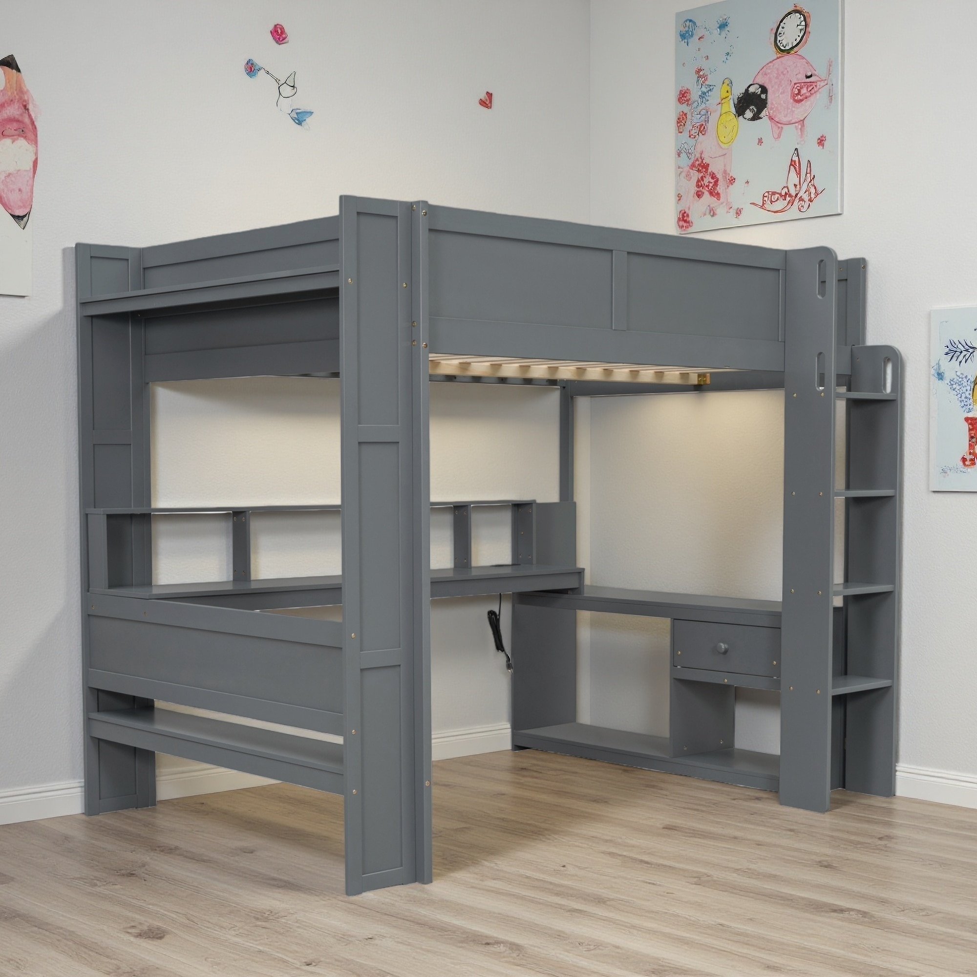 Full Size Wood Gaming Loft Bed with Desk, Multi-Storage Shelves, LED & Charging Station