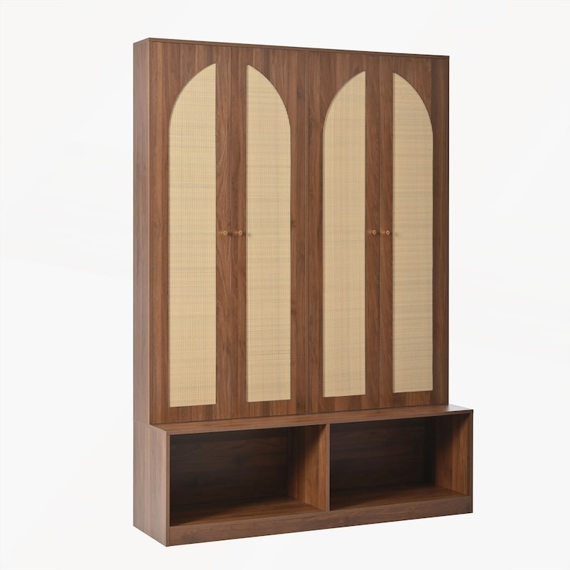 4-In-1 Farmhouse Widen Hall Tree with 4 Rattan Doors