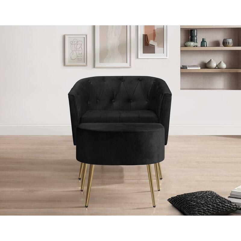 Clayfell CASSY VELVET FLARED ARM CHAIR WITH STOOL - 28.9" - Black