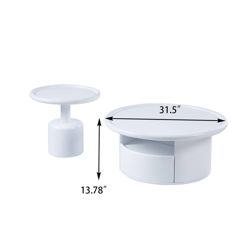 2 Pieces White MDF Round Coffee Table Set for Living Room, Bedroom