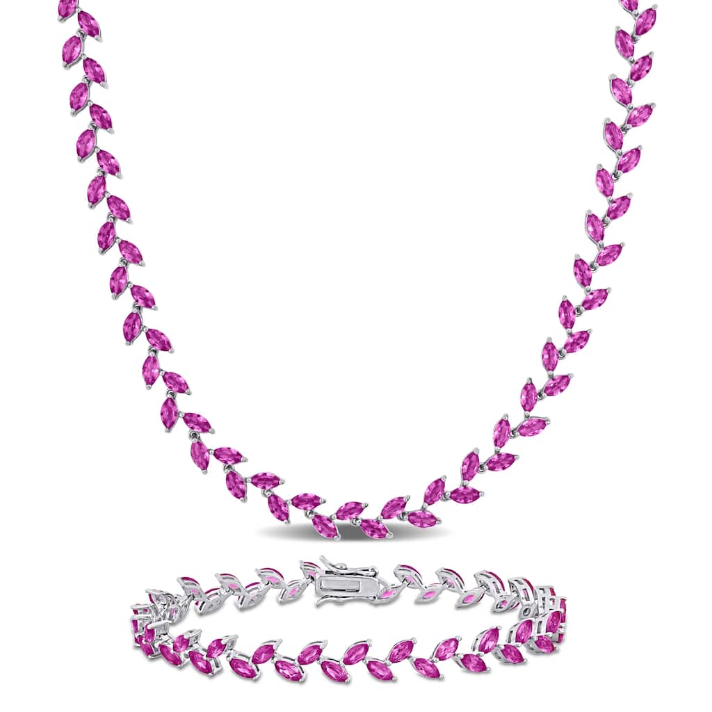 Miadora 41 1/2ct TGW Created Pink Sapphire Leaf Necklace and Bracelet Sterling Silver-17 + 7.25 in