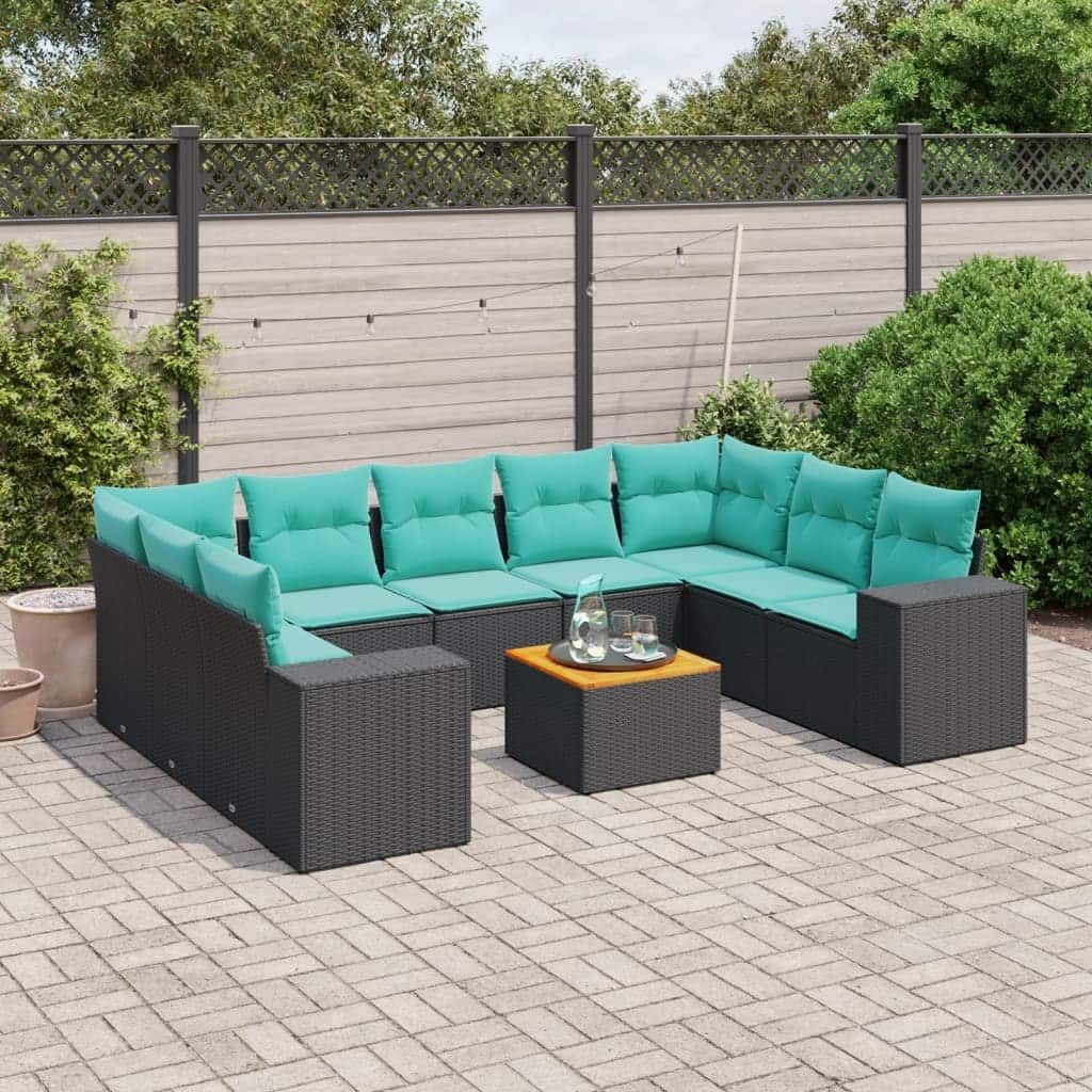 vidaXL 10 Piece Patio Sofa Set with Cushions Black Poly Rattan - 24.4 x 24.4 x 27.2