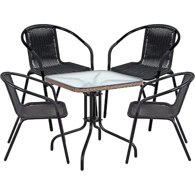 BTEXPERT Indoor Outdoor 28" Square Tempered Glass Metal Table Black Rattan Trim + 4 Black Restaurant Rattan Stack Chairs