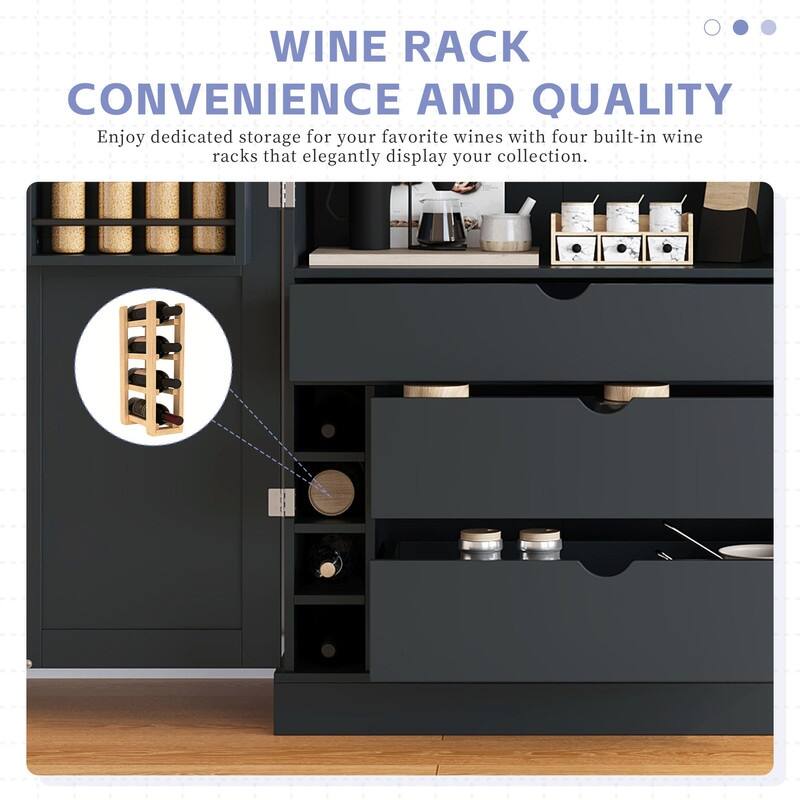 Freestanding 77"Tall Kitchen Pantry with Adjustable Shelves,Door Shelves, Drawers and Wine Racks