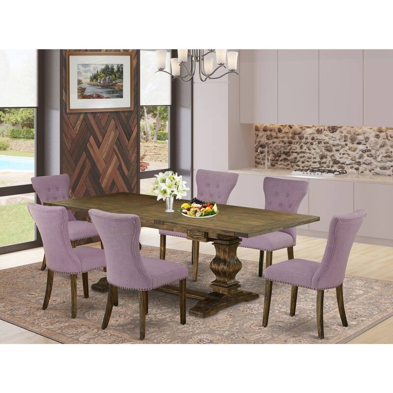 7-Piece Kitchen Dining Set - Rectangle Table & Upholstered Chairs - Distressed Jacobean Finish - 92