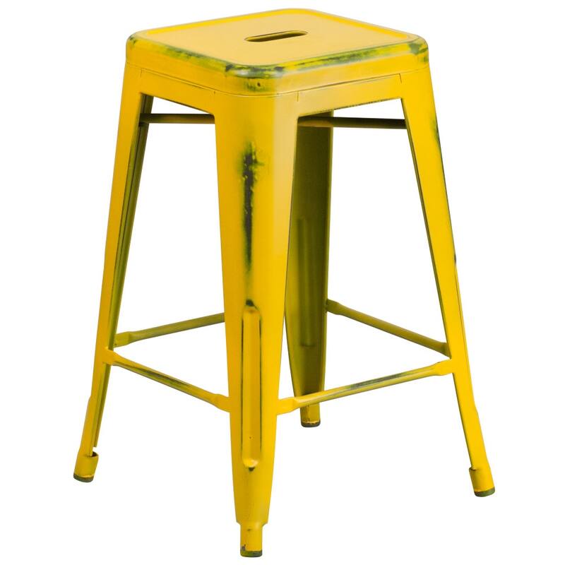 24" High Backless Distressed Metal Indoor-Outdoor Counter Height Stool