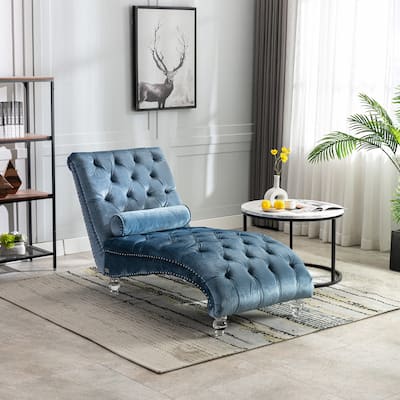 Light Blue Modern 63.98" Upholstered Buttons Tufted Chaise Lounge Chair with Pillow and Acrylic Legs