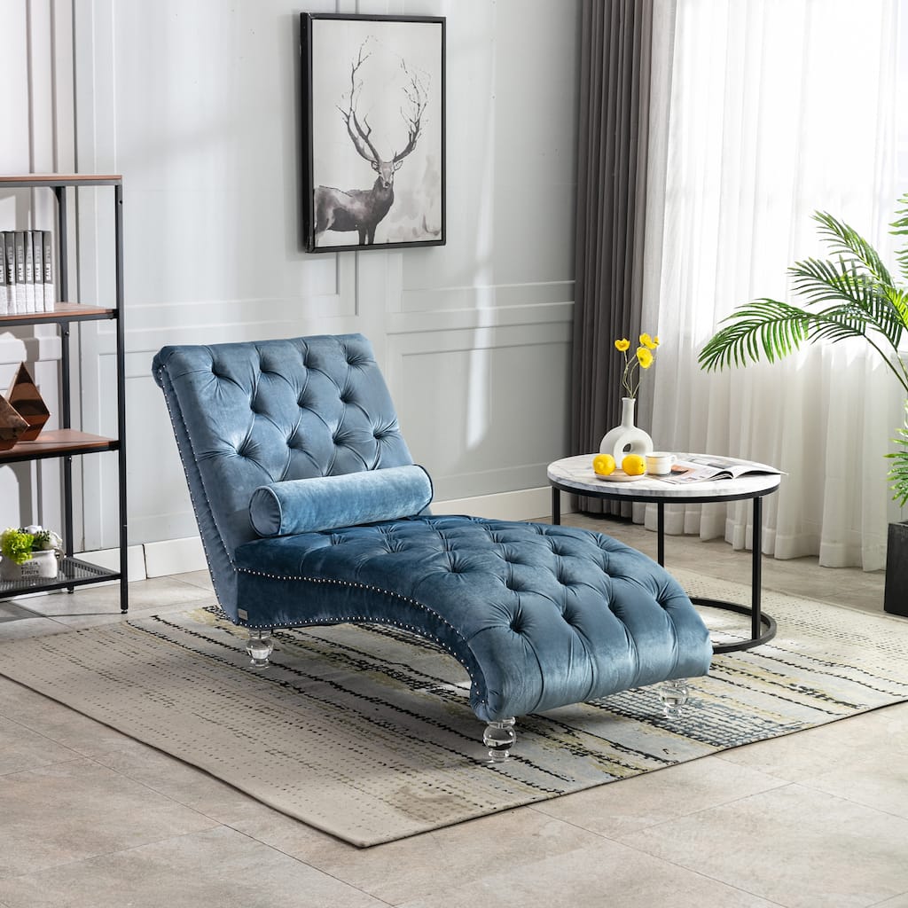Light Blue Modern 63.98" Upholstered Buttons Tufted Chaise Lounge Chair with Pillow and Acrylic Legs