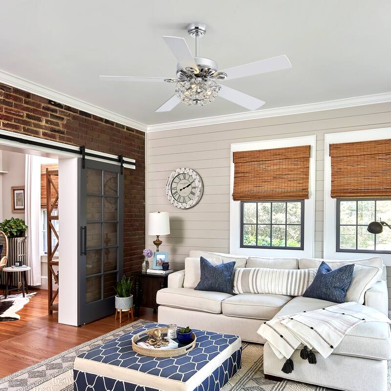 52" Chrome Crystal Ceiling Fan with Lights, Remote Control, Reversible DC Motor, 6-Speed Indoor Ceiling Fan with 5 Silver Blades