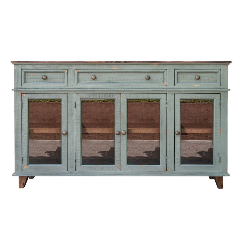 HomeRoots 70" Green Solid and Manufactured Wood Distressed Credenza - 70.00 in. x 43.00 in. x 17.75 in.