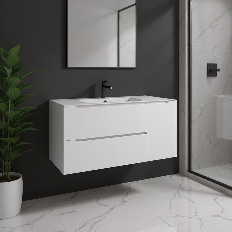 HomeRoots 40" White Wood Floating Bathroom Vanity With White Sink And Two Drawers - 40.00 in. x 18.00 in. x 19.00 in. - 40.00 in. x 18.00 in.  x 19.00 in. - Polished - White